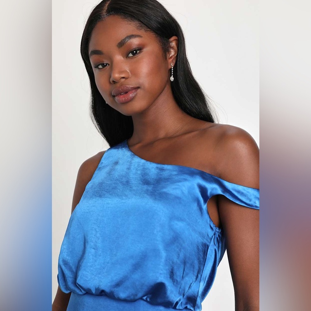 Lulus Iconic Crush Blue Satin One Shoulder Mini Dress - Picture 4 of 6